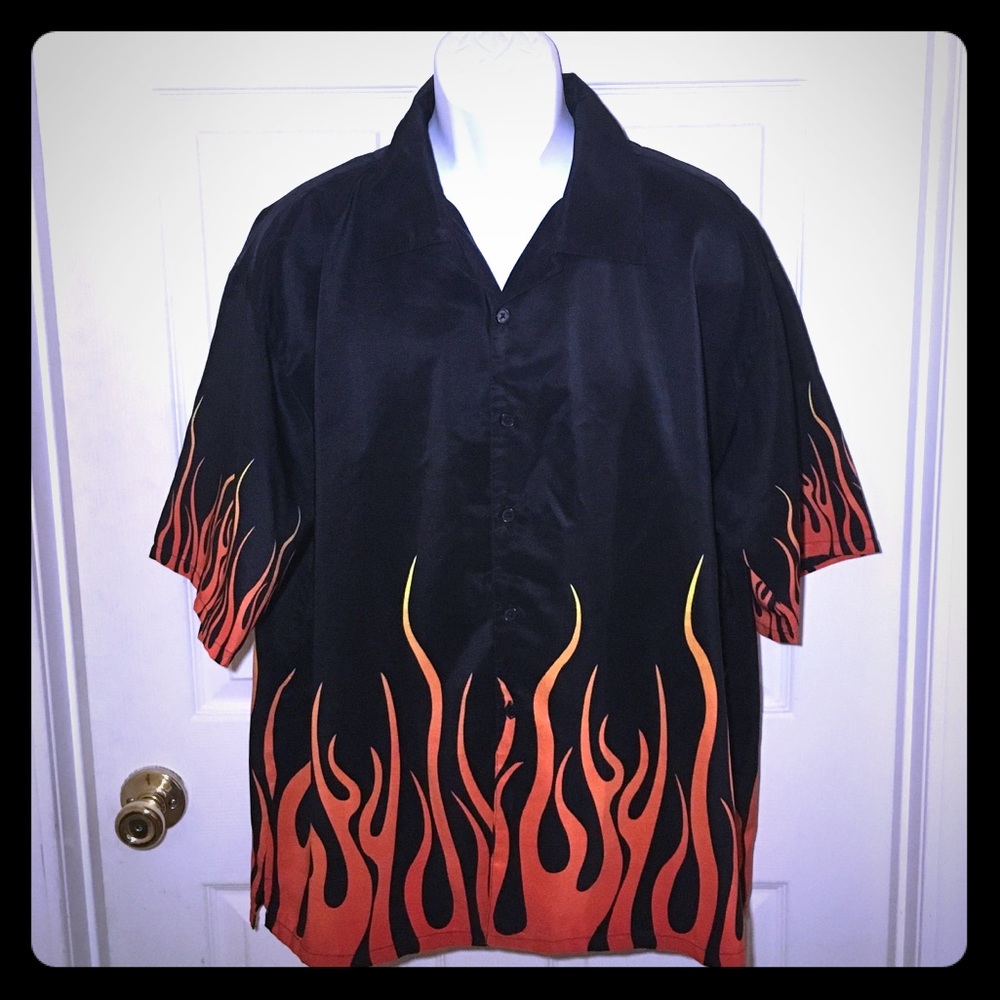SOLD! Mens Short Sleeve Shirt / Black with Flames